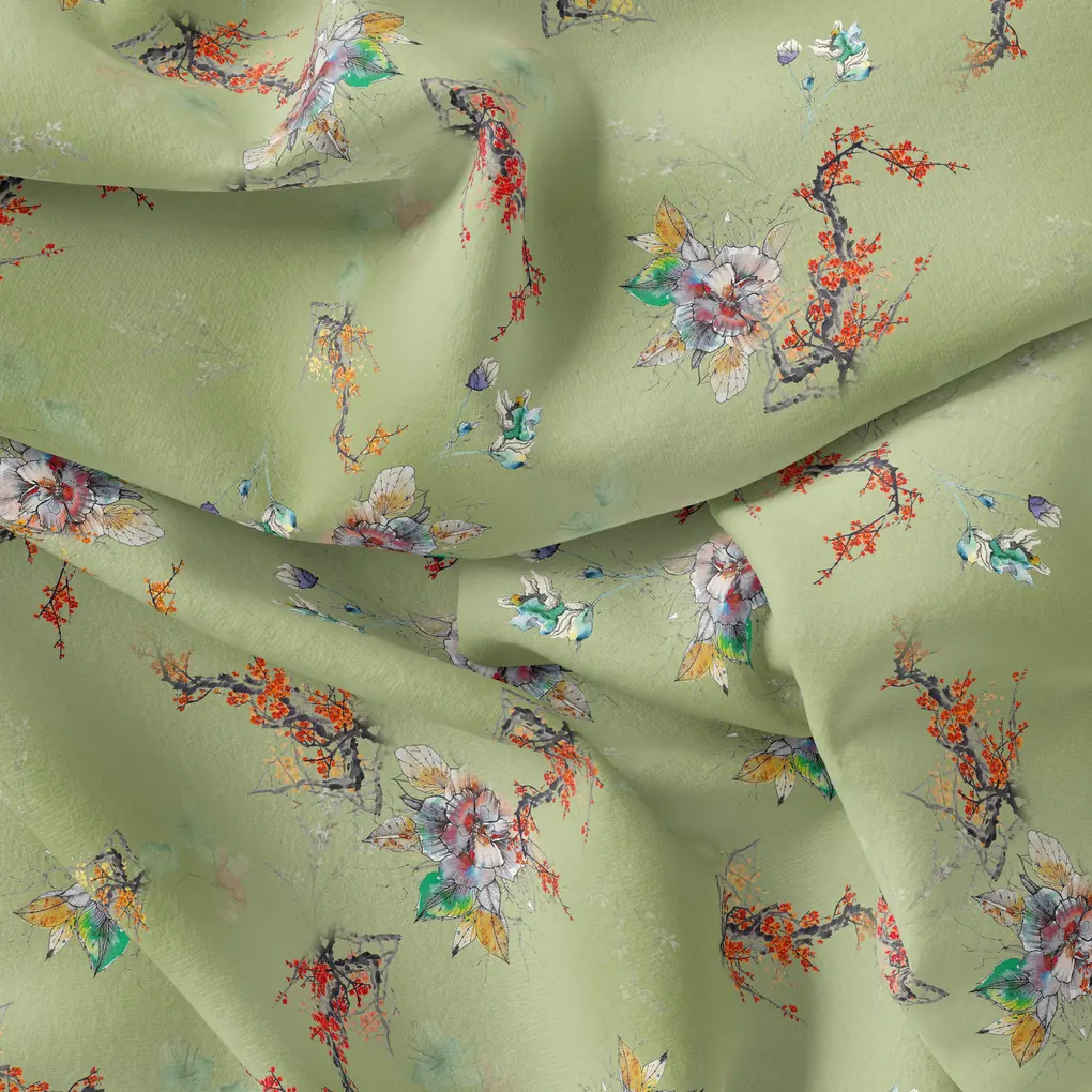 Nature Art Botanical Flower Digital Printed Fabric - Pure Georgette - Image 4