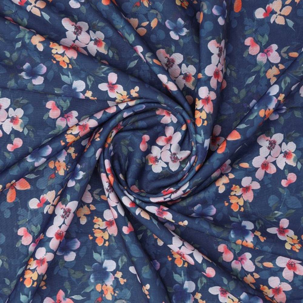 Navy Blue and Pink Watercolour Floral Muslin Fabric - Image 3