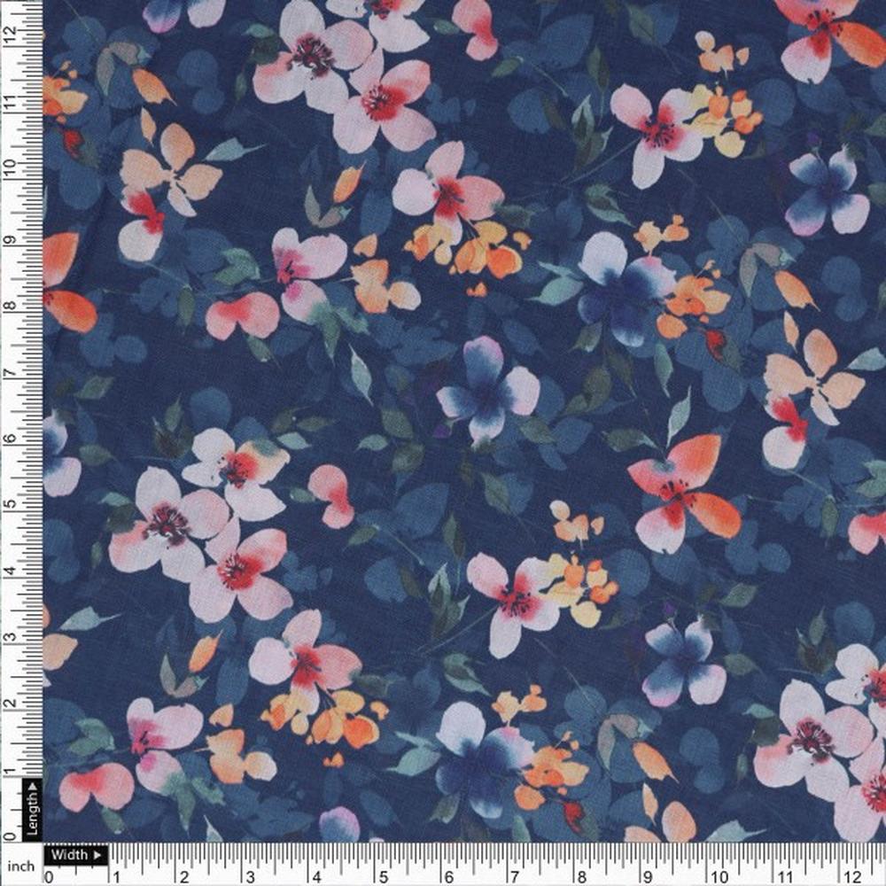 Navy Blue and Pink Watercolour Floral Muslin Fabric - Image 4