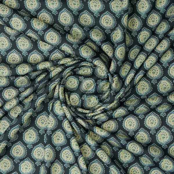Navy Blue & Cream Ethnic Motif Block Print Style Rayon Fabric - Image 3