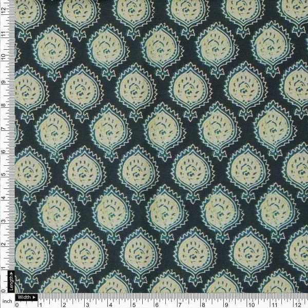 Navy Blue & Cream Ethnic Motif Block Print Style Rayon Fabric - Image 4