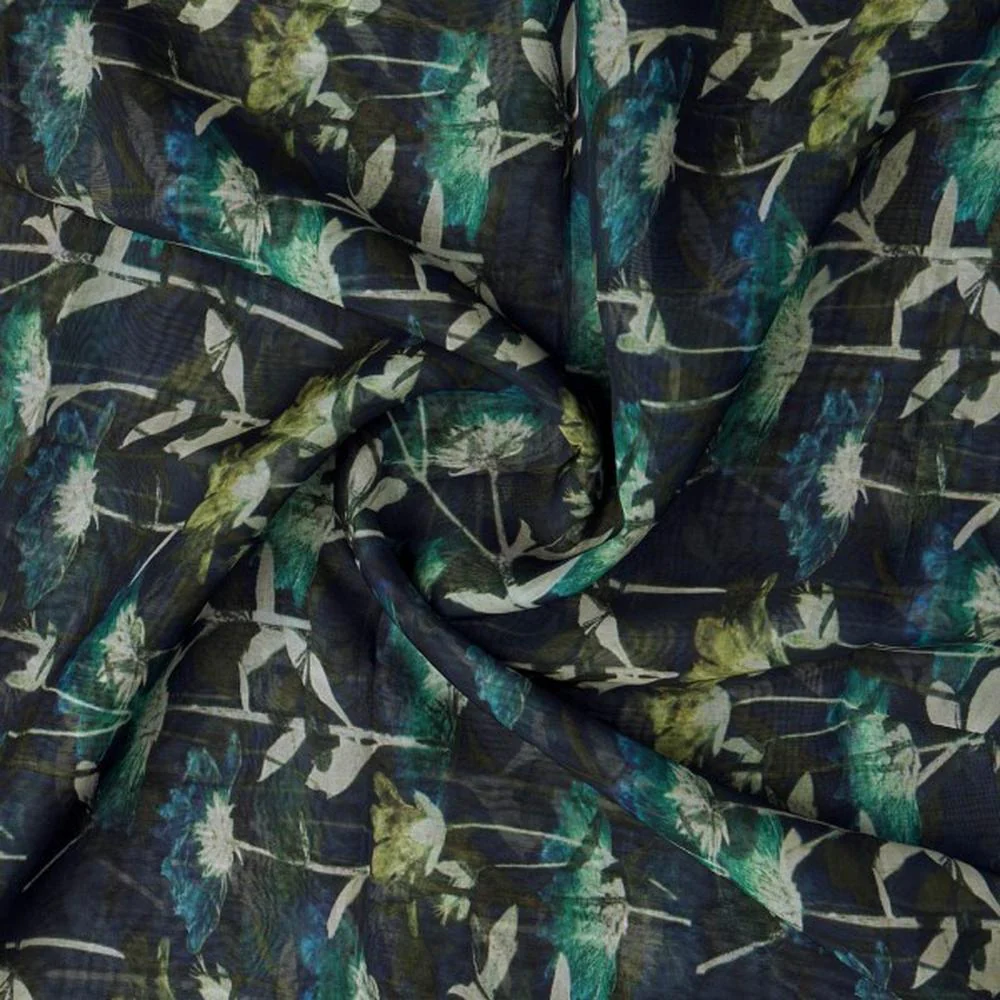 Navy Blue & Green Abstract Botanical Organza Fabric - Image 2