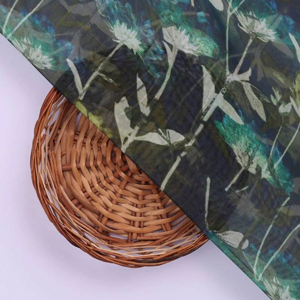 Navy Blue & Green Abstract Botanical Organza Fabric - Image 3