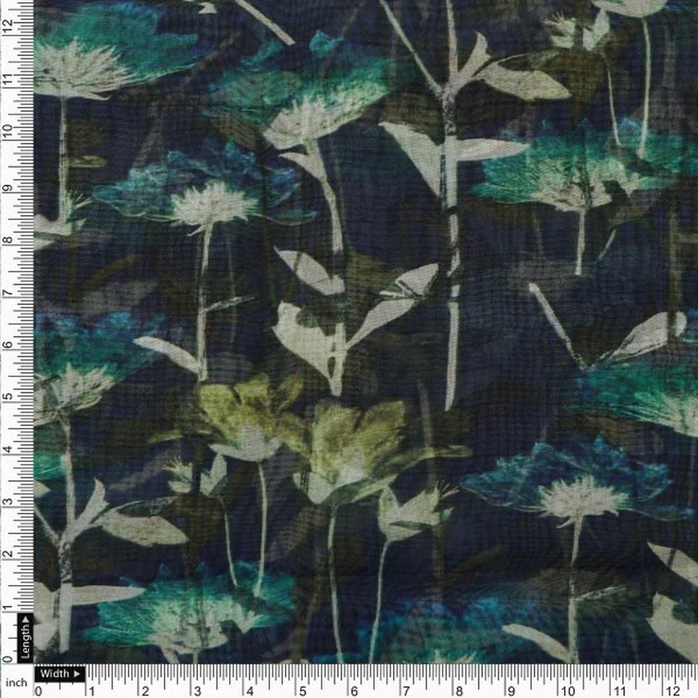 Navy Blue & Green Abstract Botanical Organza Fabric - Image 4