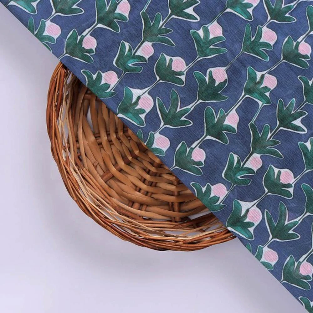 Navy Blue & Green Stylised Floral Chanderi Fabric - Image 2