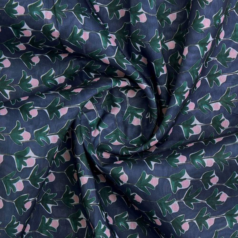 Navy Blue & Green Stylised Floral Chanderi Fabric - Image 3