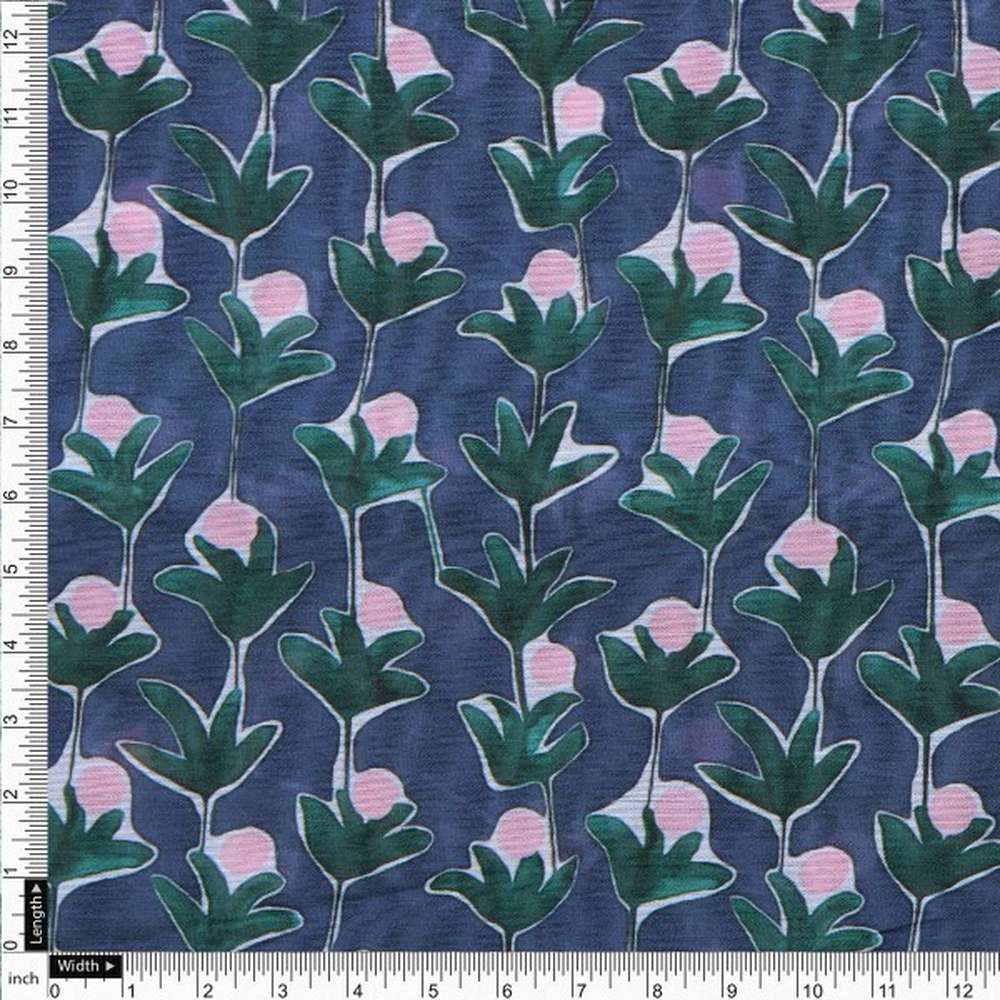Navy Blue & Green Stylised Floral Chanderi Fabric - Image 4