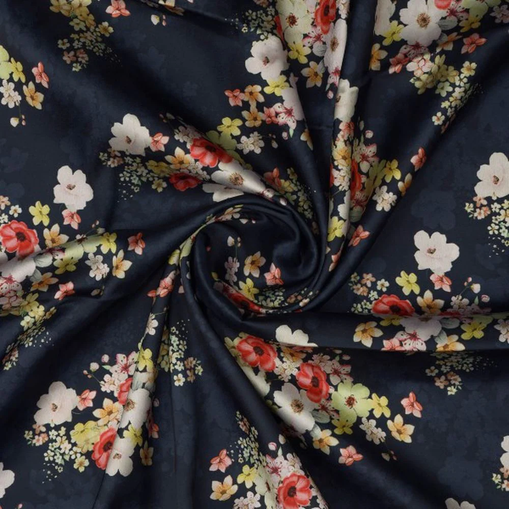 Navy Blue & Multi Colour Floral Bloom Japan Satin Fabric - Image 2