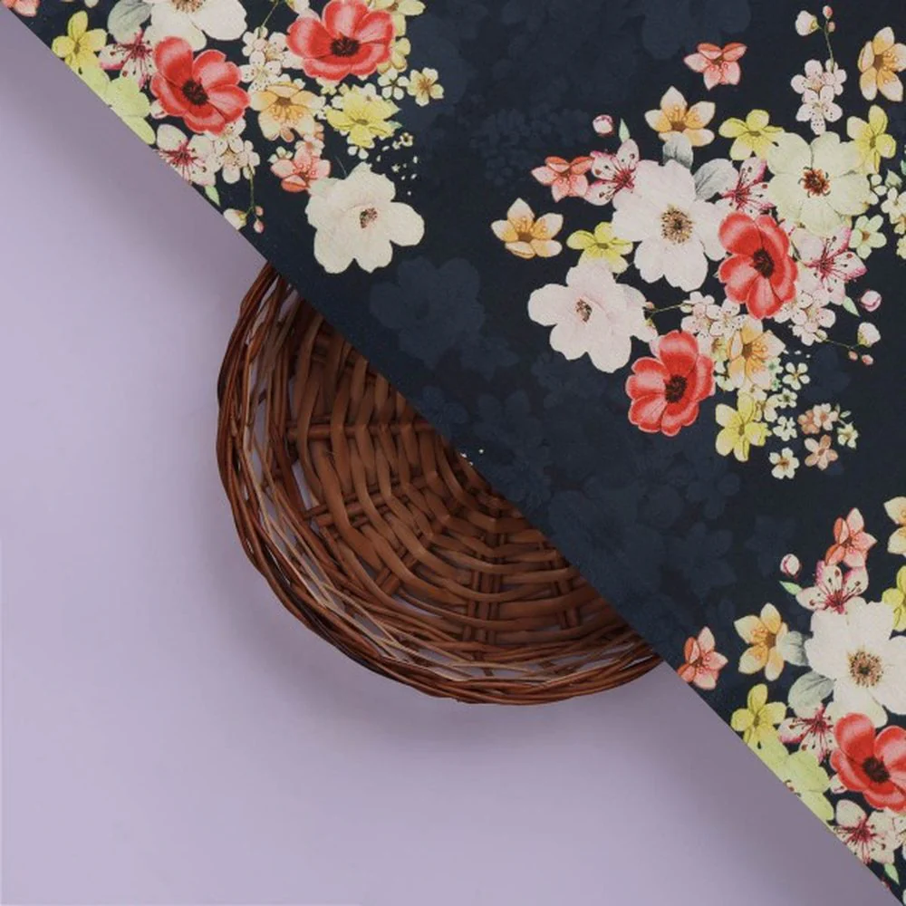 Navy Blue & Multi Colour Floral Bloom Japan Satin Fabric - Image 3