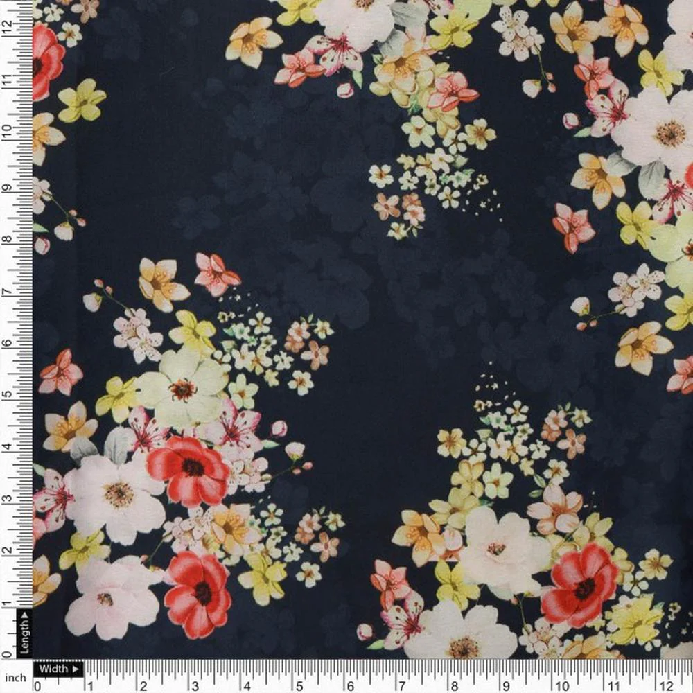 Navy Blue & Multi Colour Floral Bloom Japan Satin Fabric - Image 4