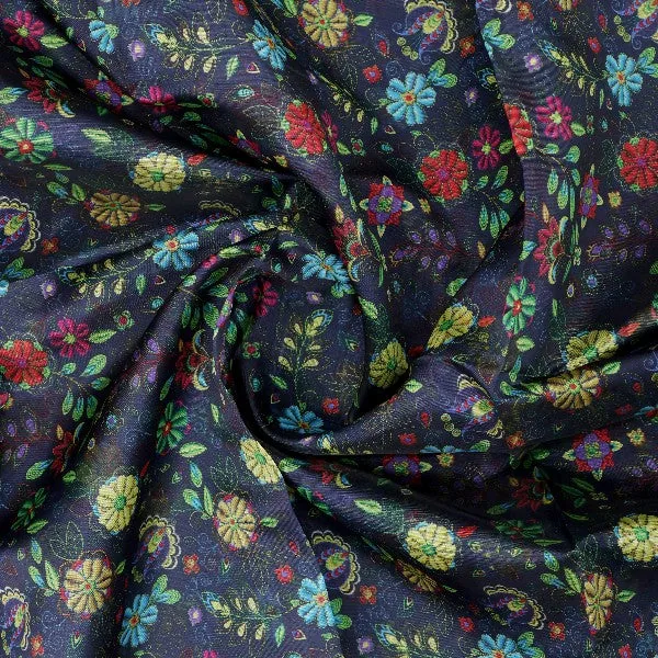 Navy Blue Organza Floral Print Fabric - Image 2