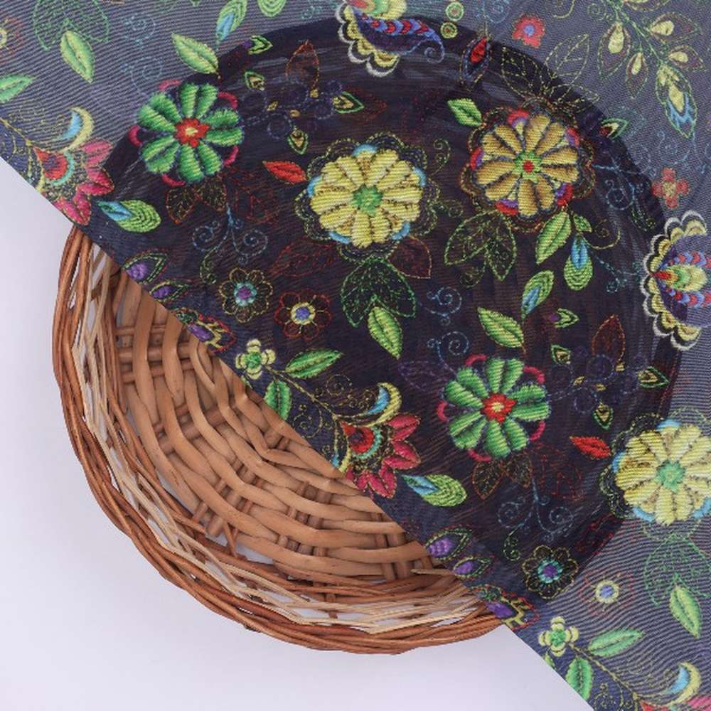 Navy Blue Organza Floral Print Fabric - Image 3