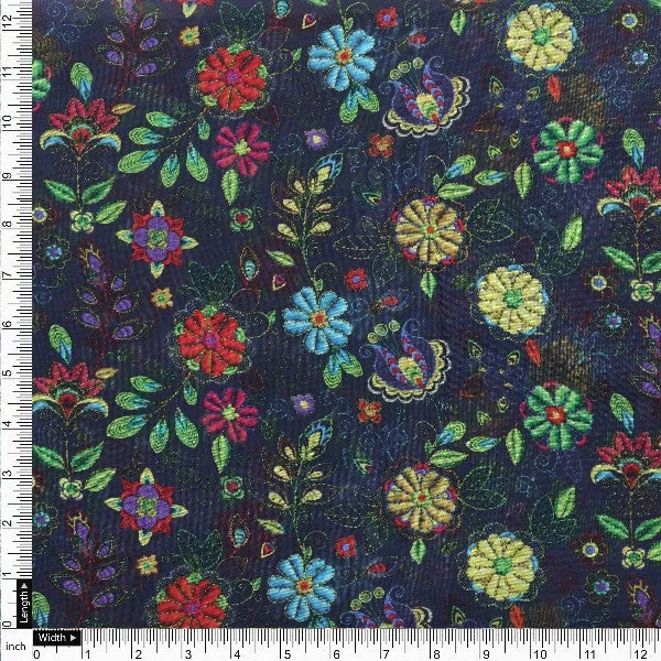 Navy Blue Organza Floral Print Fabric - Image 4
