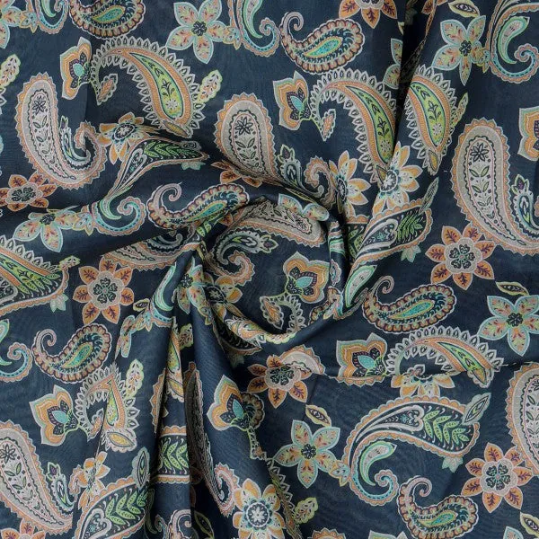 Navy Blue Paisley & Floral Printed Chanderi Fabric - Image 3