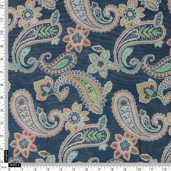 Navy Blue Paisley & Floral Printed Chanderi Fabric - Image 4