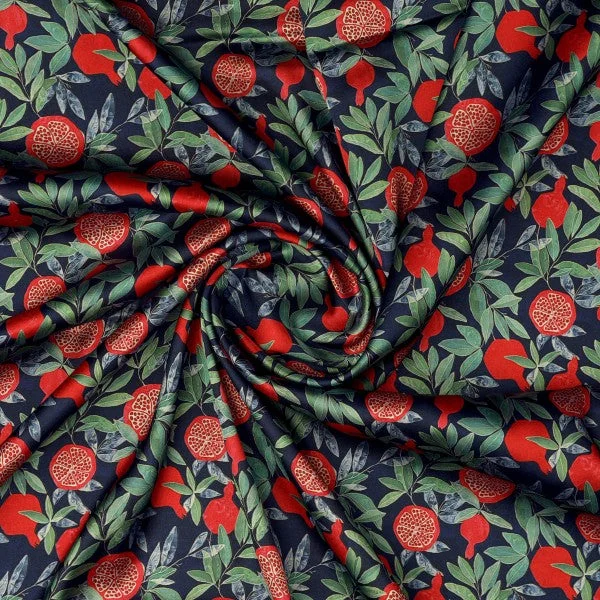 Navy Blue Pomegranate Fruit Print Japan Satin Fabric - Image 2