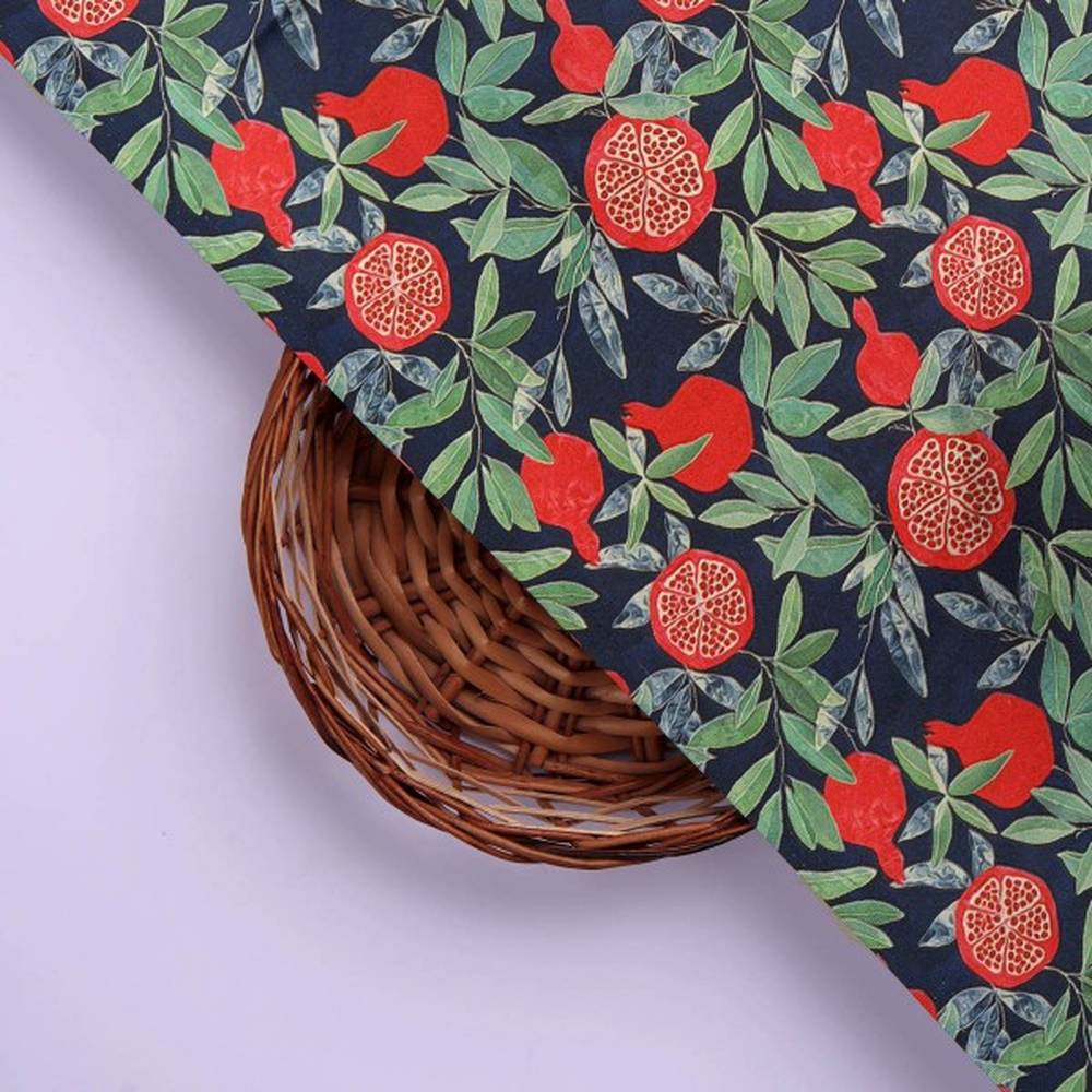 Navy Blue Pomegranate Fruit Print Japan Satin Fabric - Image 3