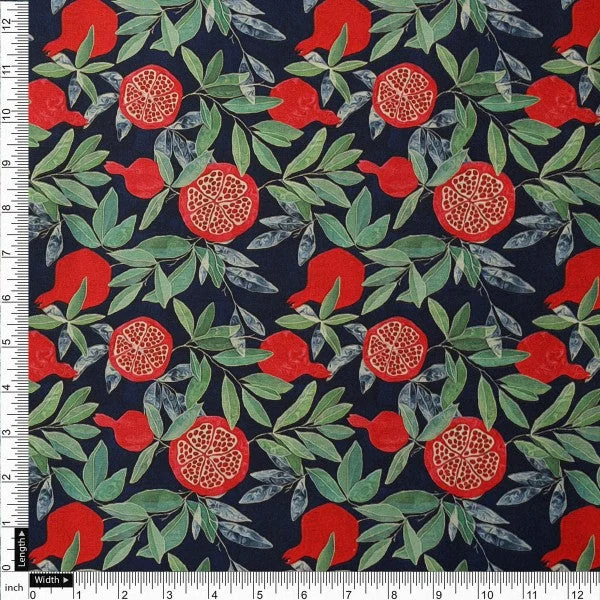 Navy Blue Pomegranate Fruit Print Japan Satin Fabric - Image 4