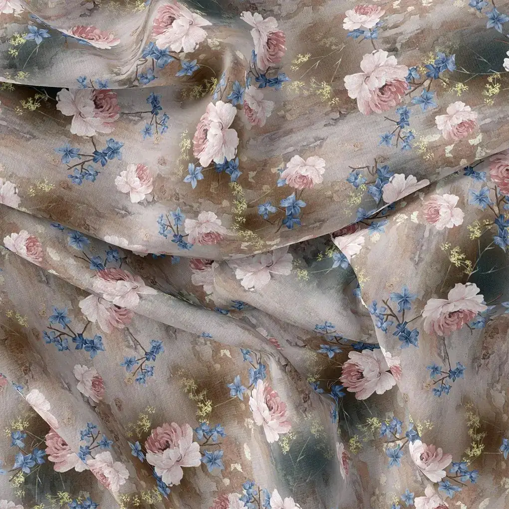 Oil Painted Cool Tiny Magnolia Digital Printed Fabric - Crepe - Image 3