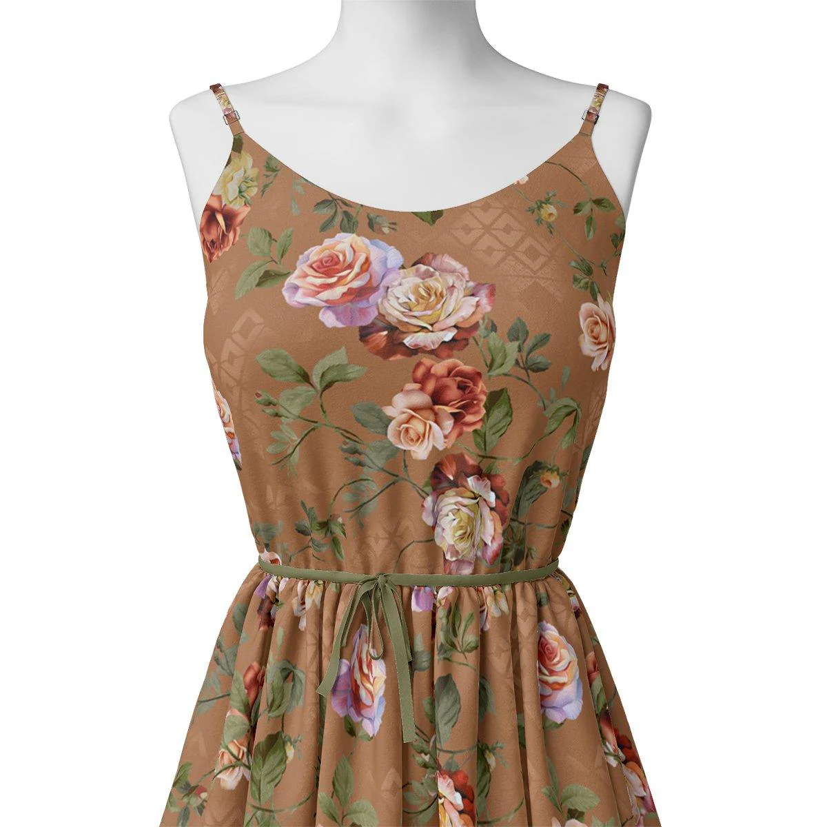 Oil Painted Flowers On Brown Digital Printed Fabric - Image 2