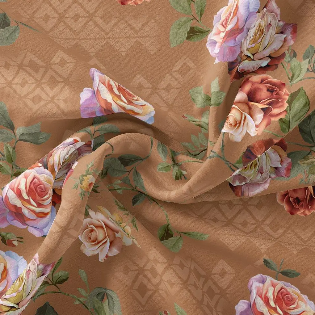 Oil Painted Flowers On Brown Digital Printed Fabric - Image 3