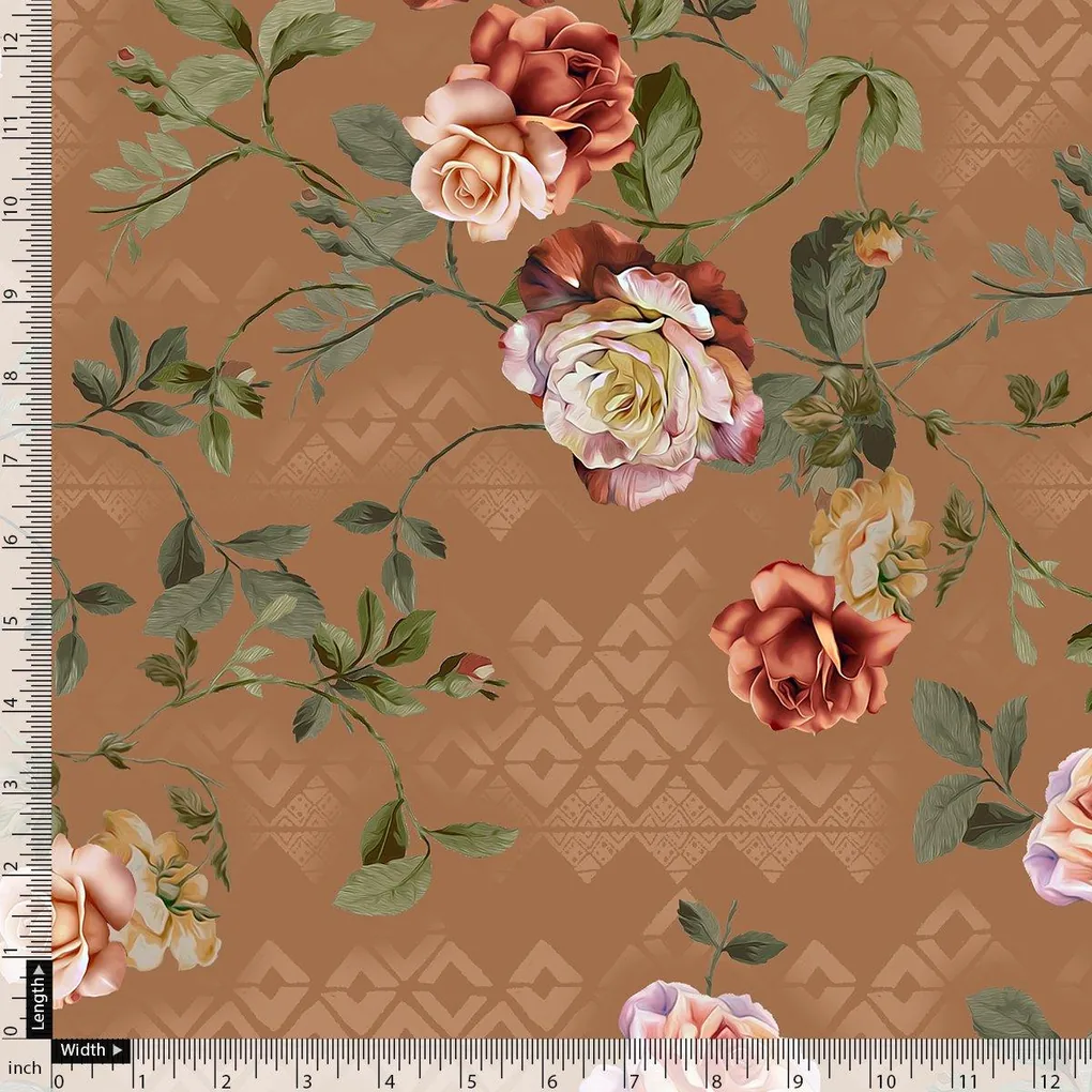 Oil Painted Flowers On Brown Digital Printed Fabric - Image 4