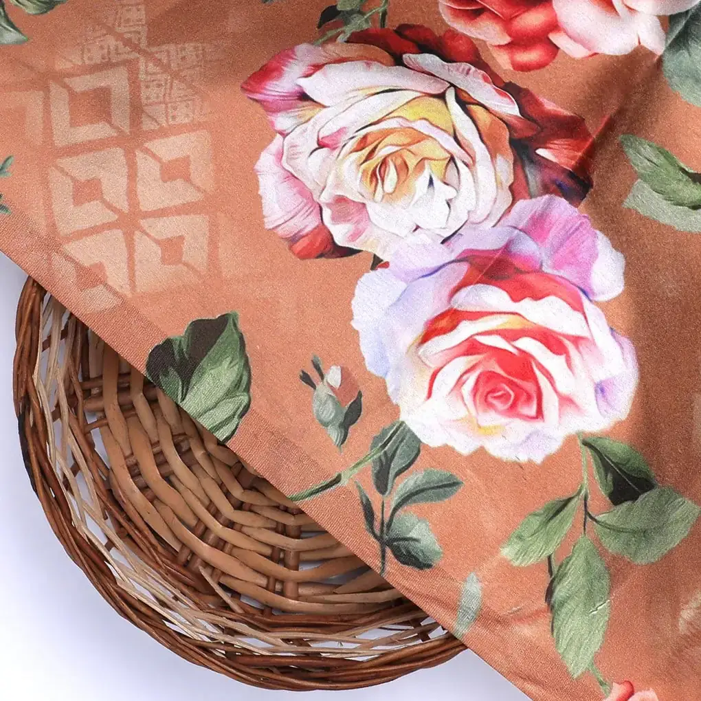Oil Painted Flowers On Brown Digital Printed Fabric - Japan Satin - Image 2