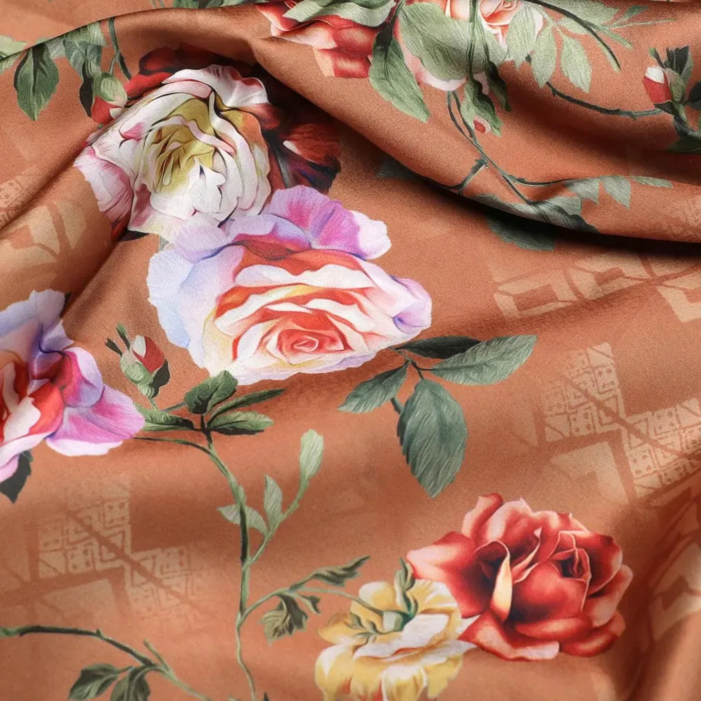 Oil Painted Flowers On Brown Digital Printed Fabric - Japan Satin - Image 3
