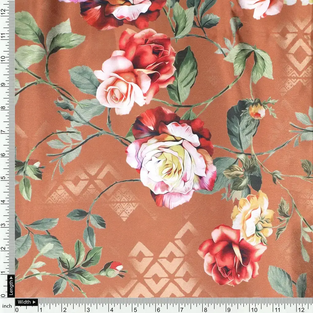 Oil Painted Flowers On Brown Digital Printed Fabric - Japan Satin - Image 4