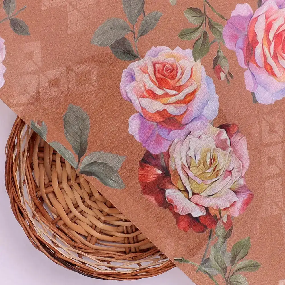 Oil Painted Flowers On Brown Digital Printed Fabric - Muslin - Image 2