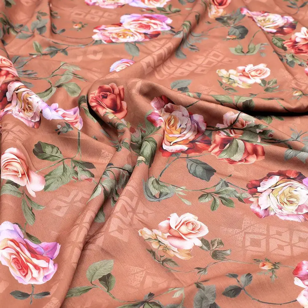 Oil Painted Flowers On Brown Digital Printed Fabric - Muslin - Image 3