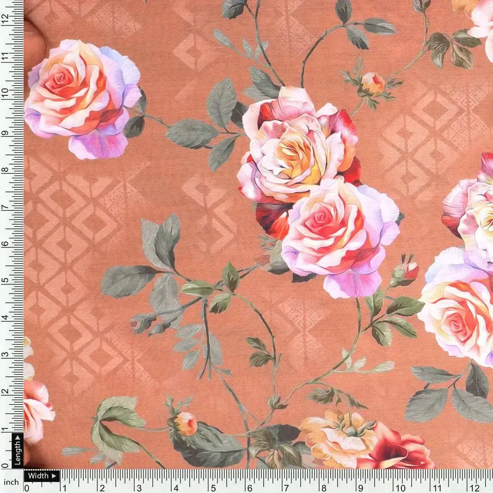 Oil Painted Flowers On Brown Digital Printed Fabric - Muslin - Image 4
