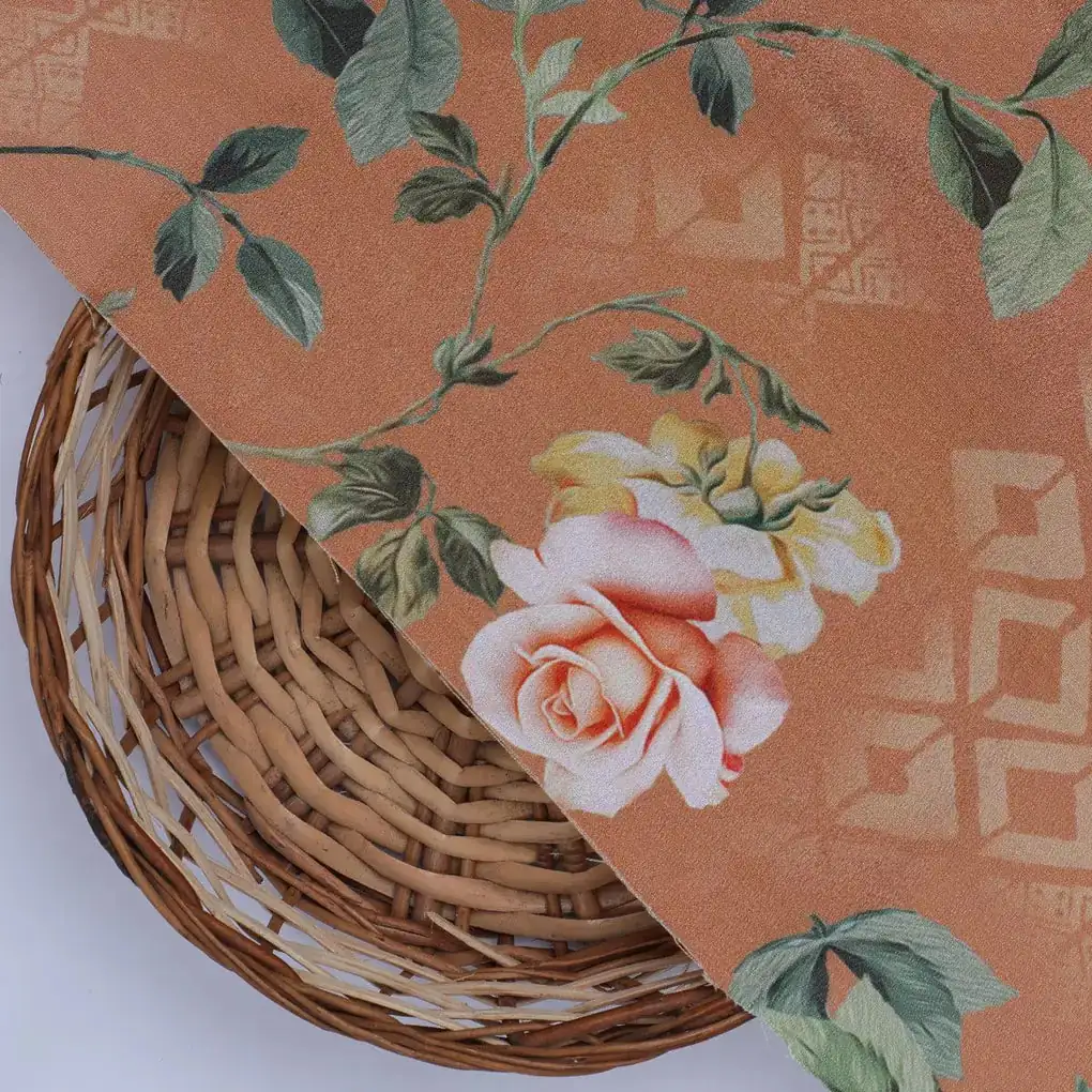 Oil Painted Flowers On Brown Digital Printed Fabric - Crepe - Image 2