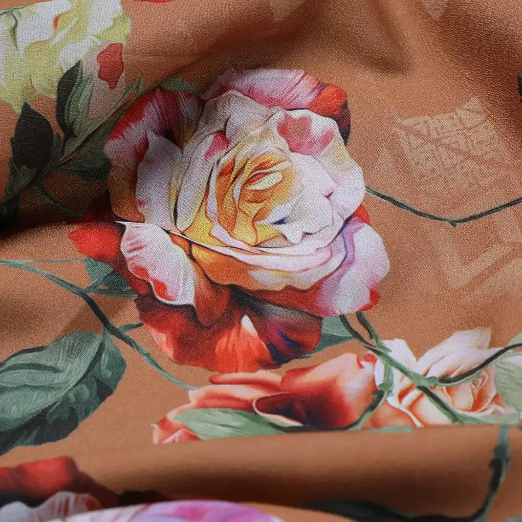 Oil Painted Flowers On Brown Digital Printed Fabric - Crepe - Image 3