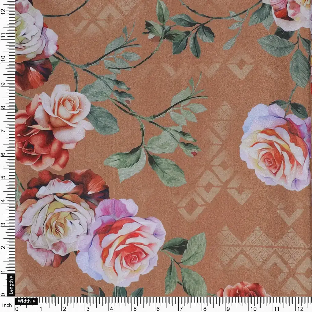 Oil Painted Flowers On Brown Digital Printed Fabric - Crepe - Image 4