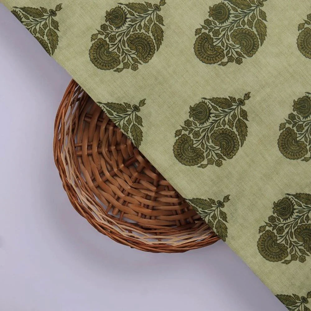 Olive Green Buta Motif Printed Chanderi Fabric - Image 2