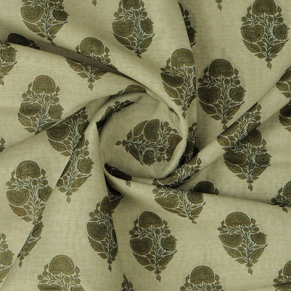 Olive Green Buta Motif Printed Chanderi Fabric - Image 3