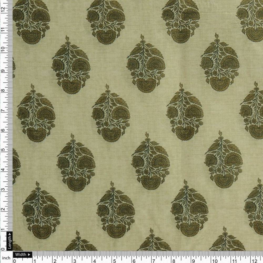 Olive Green Buta Motif Printed Chanderi Fabric - Image 4