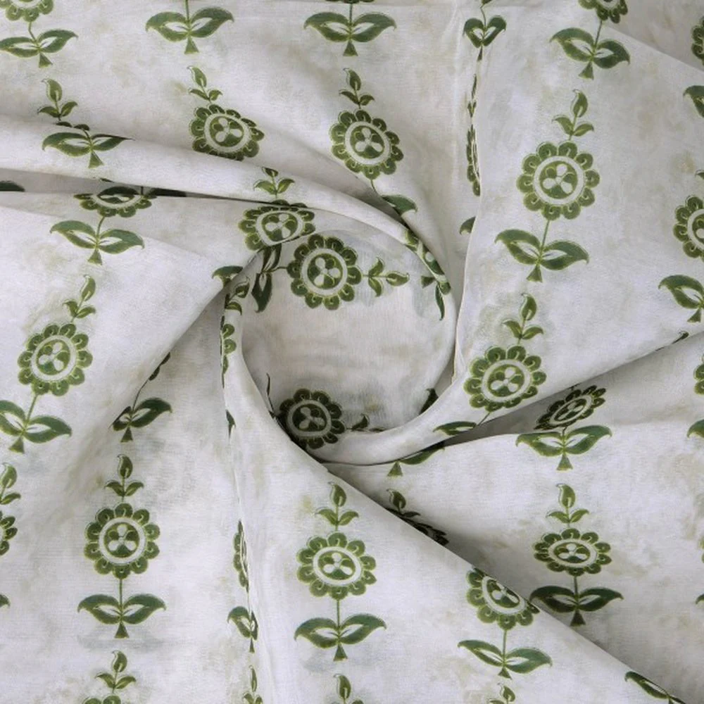 Olive Green Stylised Floral Stripe Chanderi Fabric - Image 3