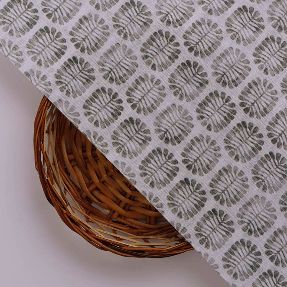 Olive Green Stylised Leaf Print Lightweight Chanderi Fabric - Image 2