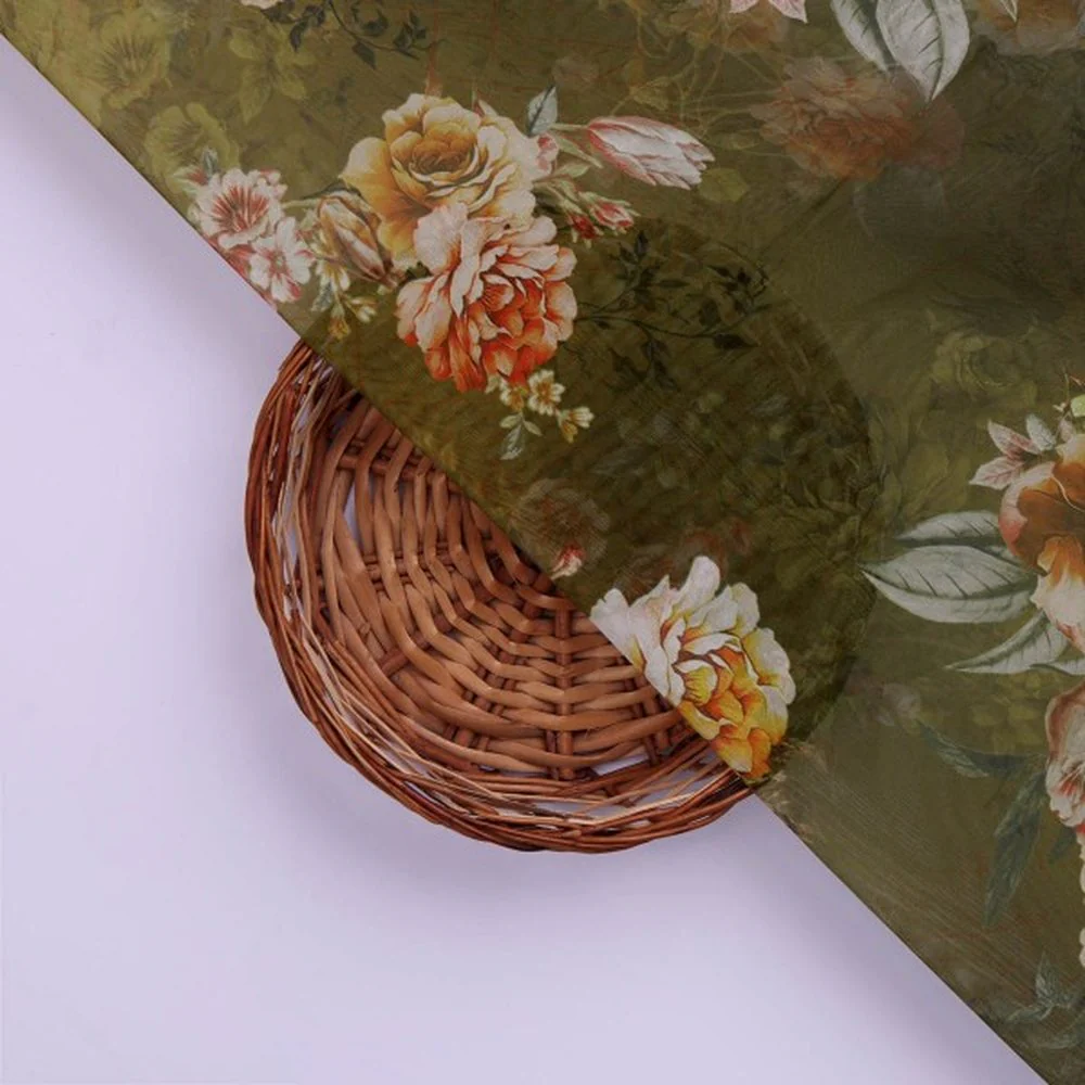 Olive Green Vintage Floral Print Sheer Organza Fabric - Image 3