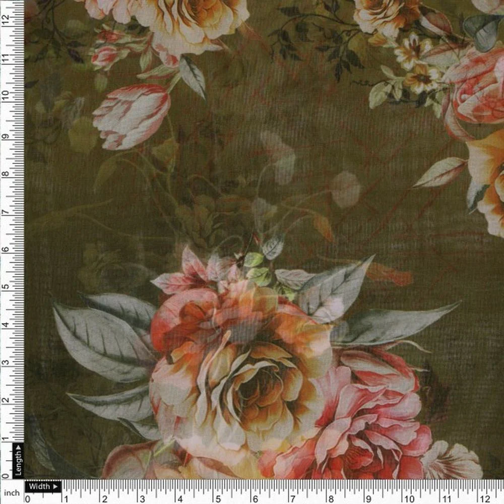 Olive Green Vintage Floral Print Sheer Organza Fabric - Image 4