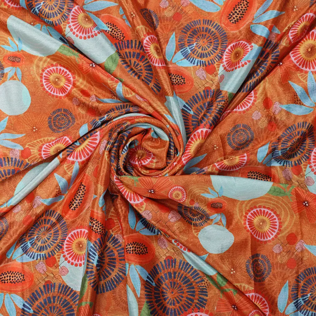 Orange Abstract Floral Shimmer Chinon Fabric - Image 3