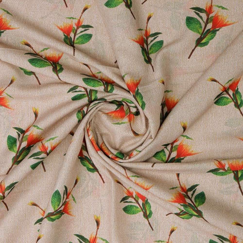 Orange Blossom Floral Print on Beige Textured Muslin Fabric - Image 3