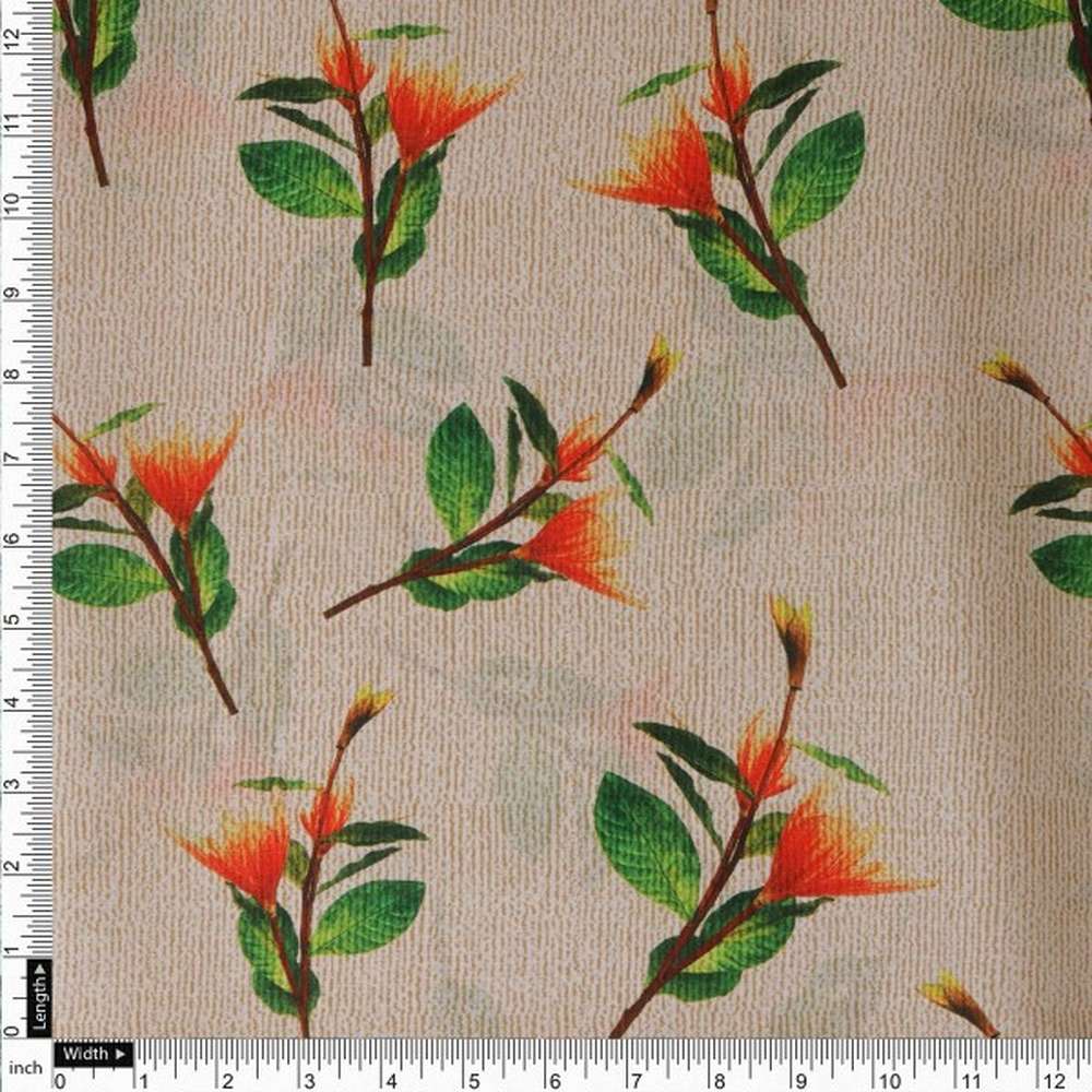 Orange Blossom Floral Print on Beige Textured Muslin Fabric - Image 4