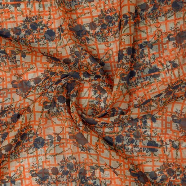 Orange Checkered & Floral Chain Print Organza Fabric - Image 2