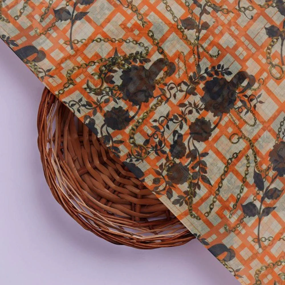 Orange Checkered & Floral Chain Print Organza Fabric - Image 3
