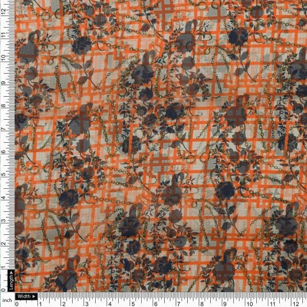 Orange Checkered & Floral Chain Print Organza Fabric - Image 4
