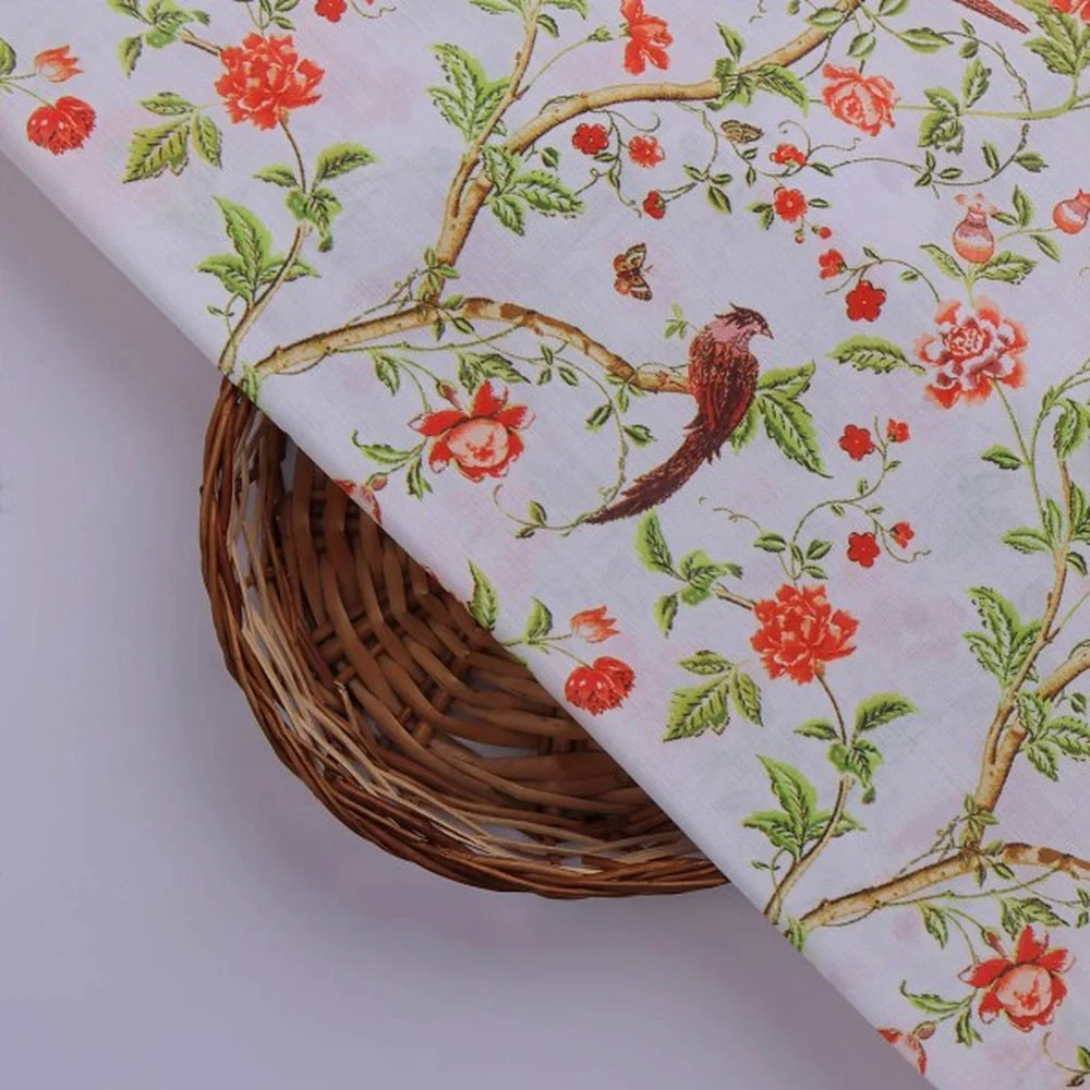 Orange Floral and Bird Print Muslin Fabric for Dresses - Image 2