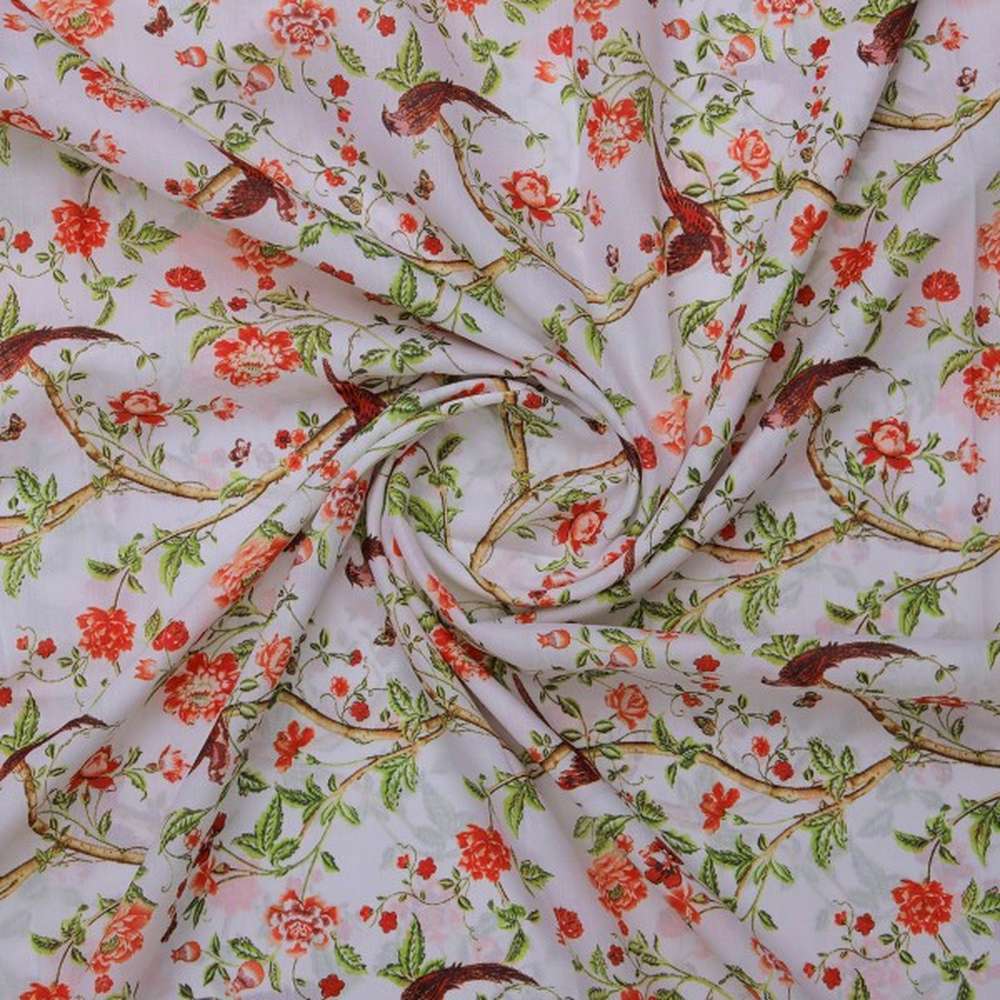 Orange Floral and Bird Print Muslin Fabric for Dresses - Image 3
